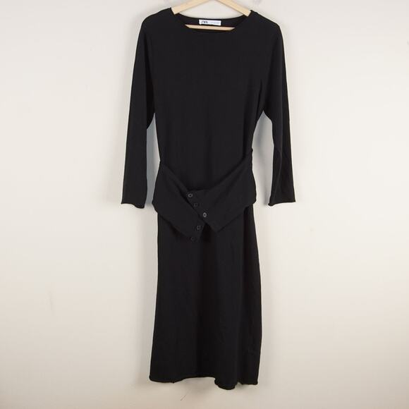 Zara Black Sash Waist Midi Linen Blend Knit Midi Dress Womens Sz M - Picture 2 of 11